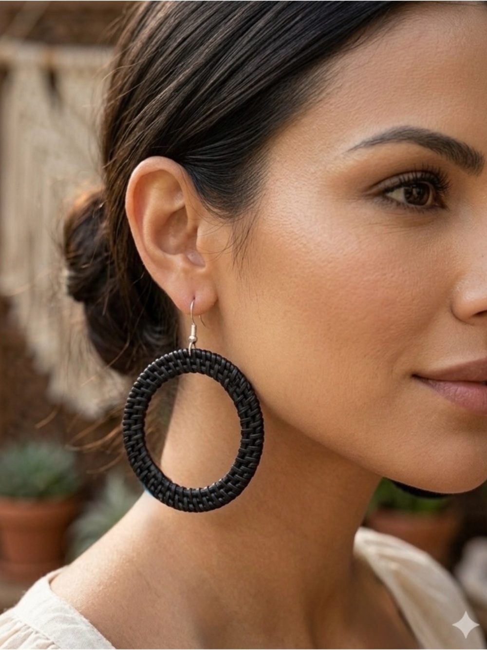 Plunder Taisha Woven Rattan Earrings Black Hoops New in Package + Pouch